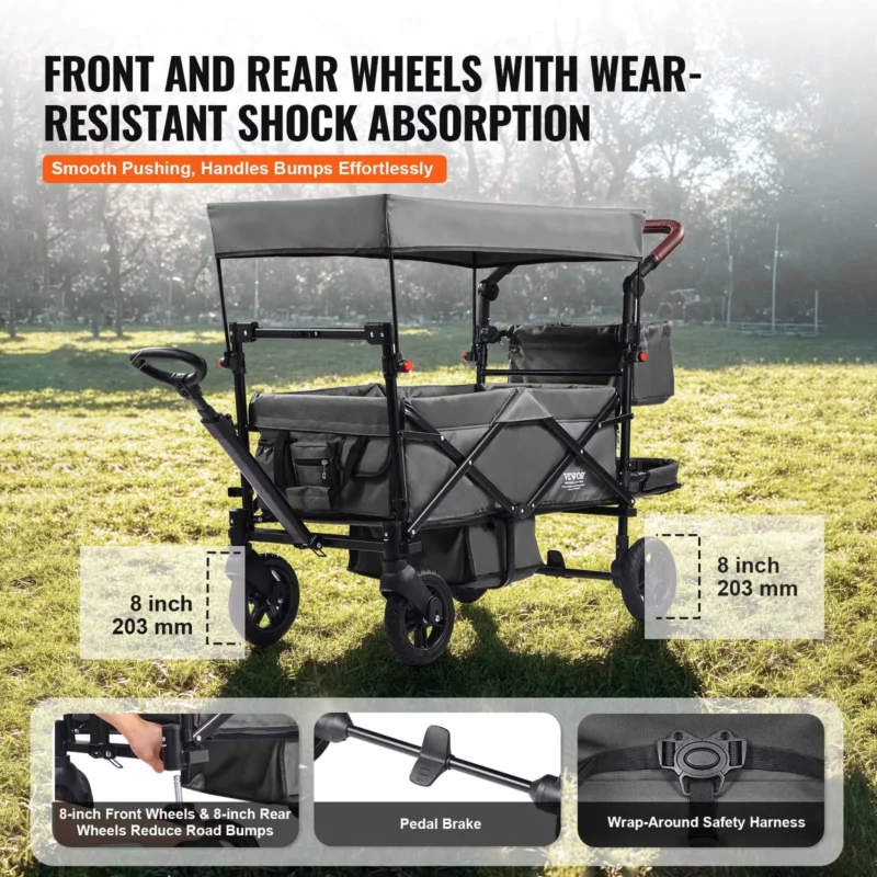 VEVOR Wagon Stroller for 2 Kids, Push Pull Quad Collapsible Stroller with Adjustable Handle, Encircling Harness Removable Canopy, 4 Wheels w/ Brakes, Mutifunction Tandem Stroller for Camping Dark Grey - Image 3
