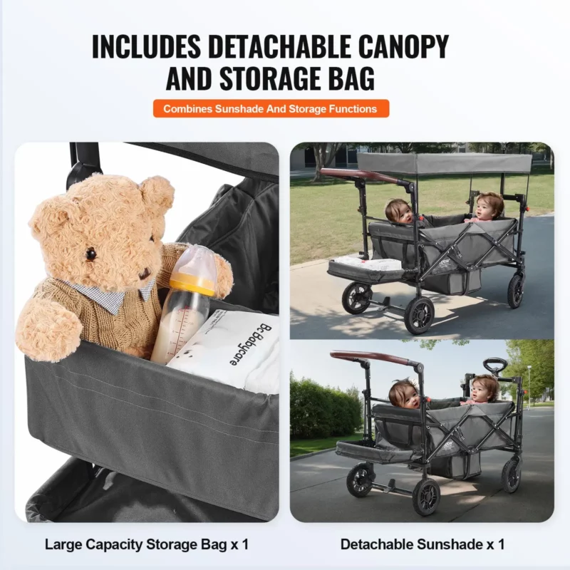 VEVOR Wagon Stroller for 2 Kids, Push Pull Quad Collapsible Stroller with Adjustable Handle, Encircling Harness Removable Canopy, 4 Wheels w/ Brakes, Mutifunction Tandem Stroller for Camping Dark Grey - Image 4