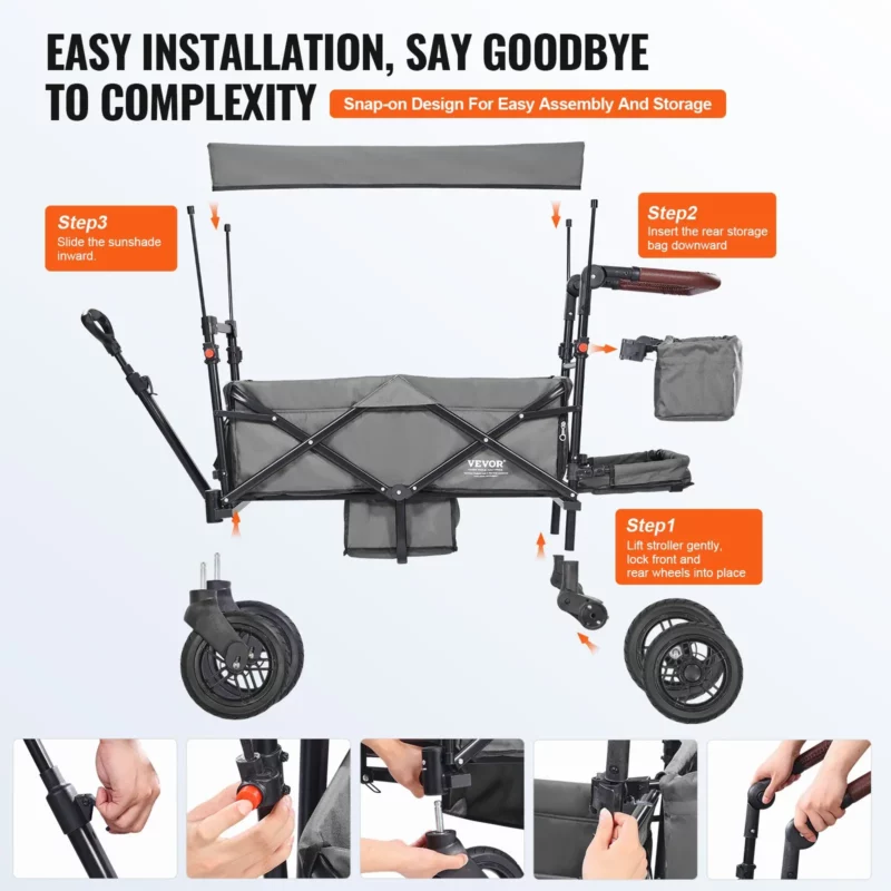 VEVOR Wagon Stroller for 2 Kids, Push Pull Quad Collapsible Stroller with Adjustable Handle, Encircling Harness Removable Canopy, 4 Wheels w/ Brakes, Mutifunction Tandem Stroller for Camping Dark Grey - Image 5