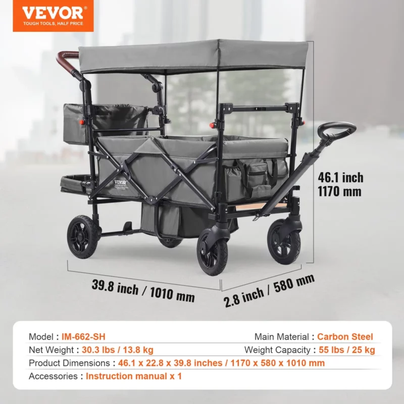 VEVOR Wagon Stroller for 2 Kids, Push Pull Quad Collapsible Stroller with Adjustable Handle, Encircling Harness Removable Canopy, 4 Wheels w/ Brakes, Mutifunction Tandem Stroller for Camping Dark Grey - Image 6