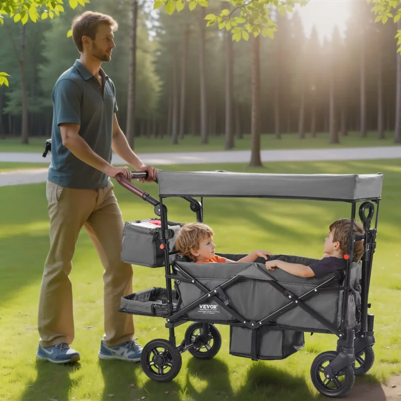VEVOR Wagon Stroller for 2 Kids, Push Pull Quad Collapsible Stroller with Adjustable Handle, Encircling Harness Removable Canopy, 4 Wheels w/ Brakes, Mutifunction Tandem Stroller for Camping Dark Grey - Image 7