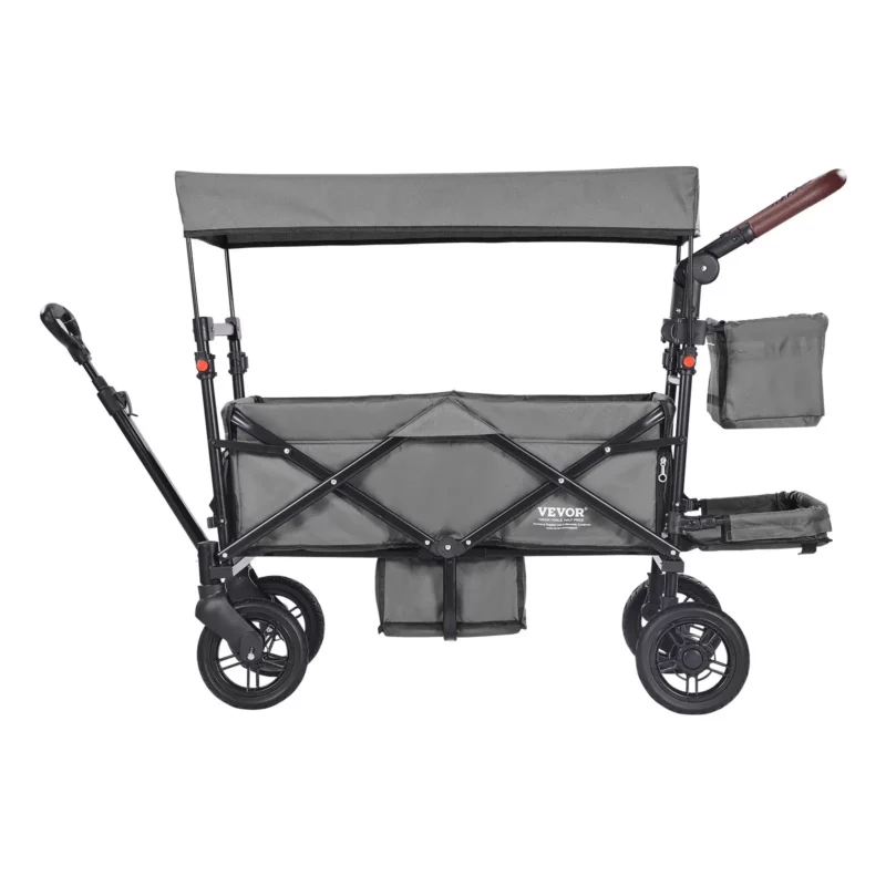 VEVOR Wagon Stroller for 2 Kids, Push Pull Quad Collapsible Stroller with Adjustable Handle, Encircling Harness Removable Canopy, 4 Wheels w/ Brakes, Mutifunction Tandem Stroller for Camping Dark Grey - Image 8