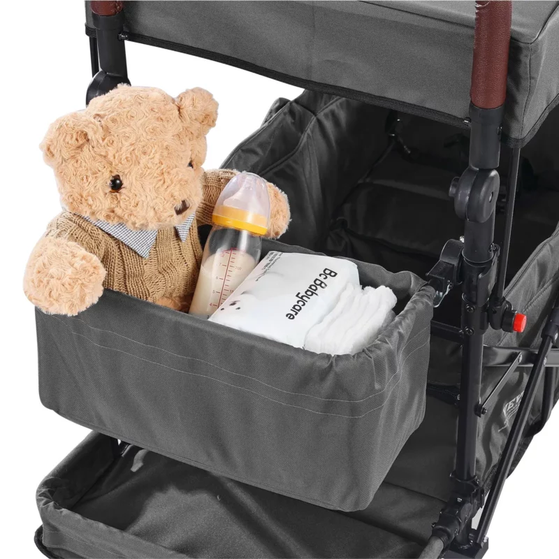 VEVOR Wagon Stroller for 2 Kids, Push Pull Quad Collapsible Stroller with Adjustable Handle, Encircling Harness Removable Canopy, 4 Wheels w/ Brakes, Mutifunction Tandem Stroller for Camping Dark Grey - Image 10