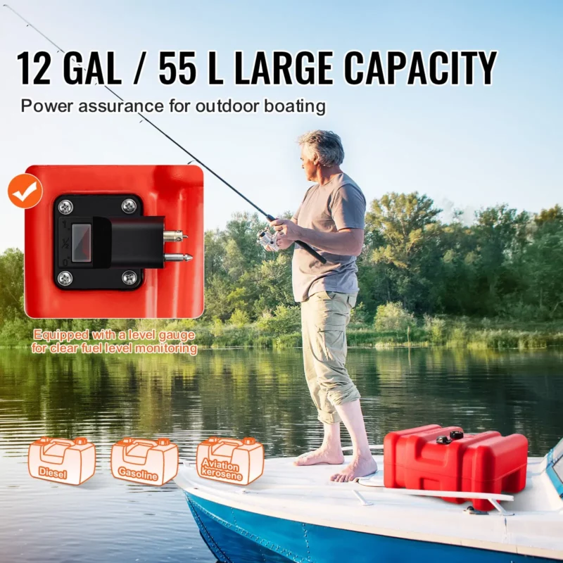VEVOR Marine Fuel Tank, 14.53 Gallon/55L, Portable Boat Fuel Gas Tank for Outboard Engine Boats, Plastic Outboard Marine Boat Fuel Tank with Hose, Easy to Carry for Yacht, Fishing Boat, Deck Boat, Red - Image 13