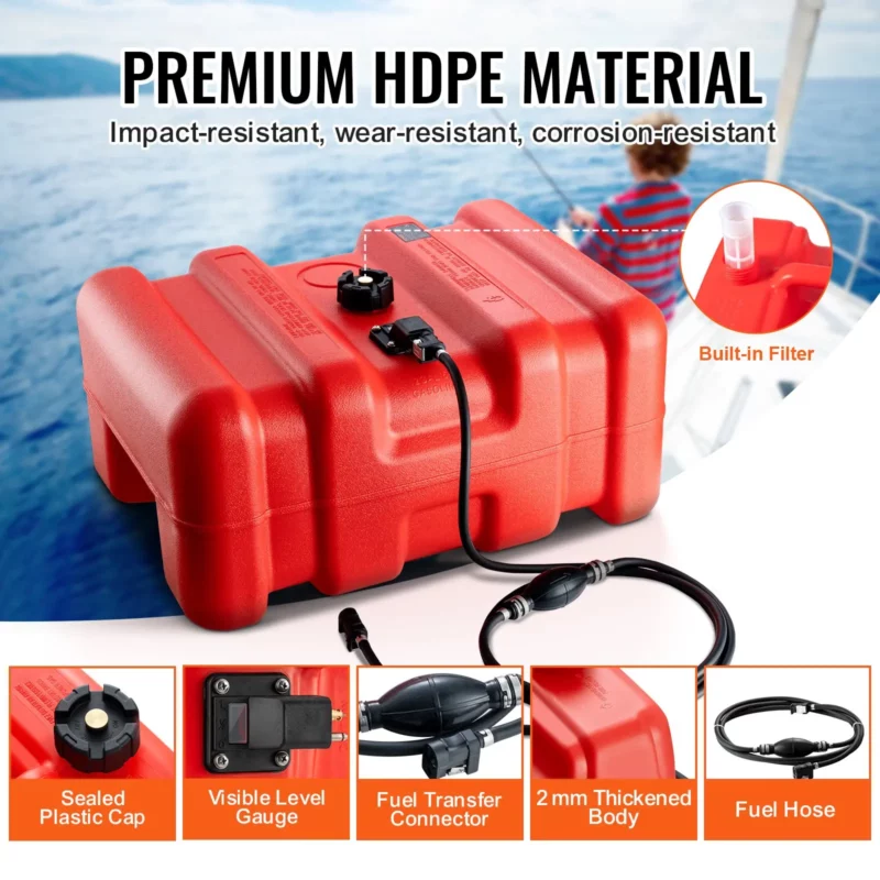 VEVOR Marine Fuel Tank, 14.53 Gallon/55L, Portable Boat Fuel Gas Tank for Outboard Engine Boats, Plastic Outboard Marine Boat Fuel Tank with Hose, Easy to Carry for Yacht, Fishing Boat, Deck Boat, Red - Image 14