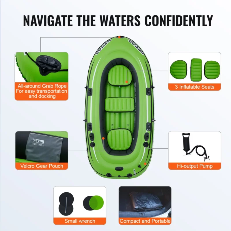 VEVOR Inflatable Boat, 5-Person Inflatable Fishing Boat, Strong PVC Portable Boat Raft Kayak, 45.6" Aluminum Oars, High-Output Pump, Fishing Rod Holders, and 2 Seats, 1100 lb Capacity for Adults, Kids - Image 25