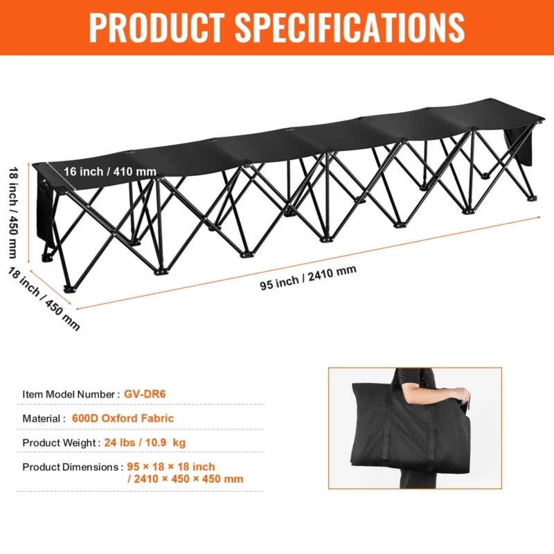 VEVOR 6 Seat Portable Folding Sport Bench Outdoor Camping Chair with Carry Bag - Image 6