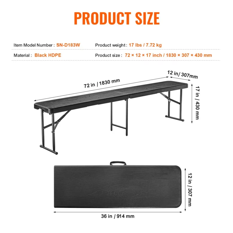 VEVOR 6FT Plastic Folding Bench Portable Outdoor Bench for Picnic Camping Garden - Image 6