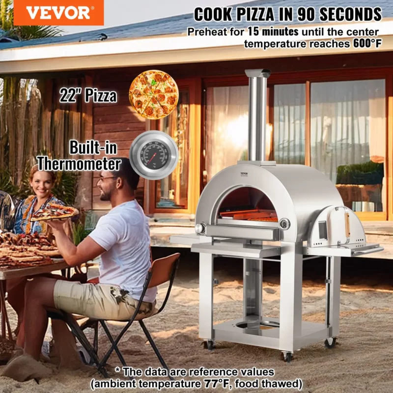 22" Outdoor Pizza Oven Portable Pellet/Gas Oven with Casters for Camping