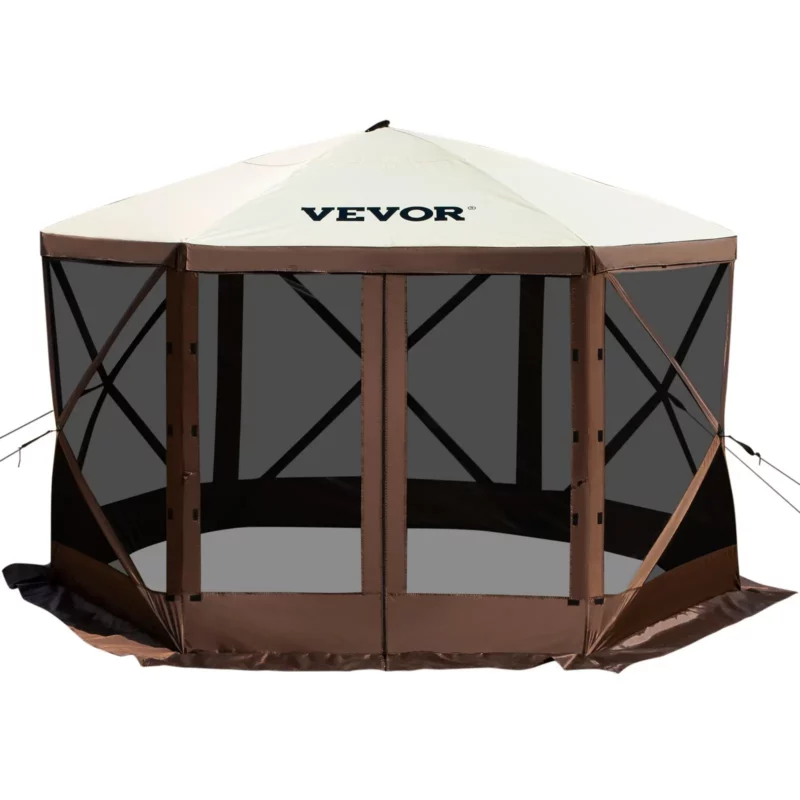 Camping Gazebo Screen Tent, 12*12ft, 6 Sided Pop-up Canopy Shelter Tent with Mesh Windows, Portable Carry Bag, Stakes, Large Shade Tents for Outdoor Camping, Lawn and Backyard, Brown/Beige - Image 27