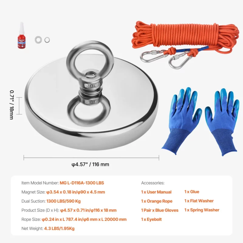 1300 LBS Strong Fishing Magnet Kit Single Sided Pull Force and Rope Carabiner - Image 6