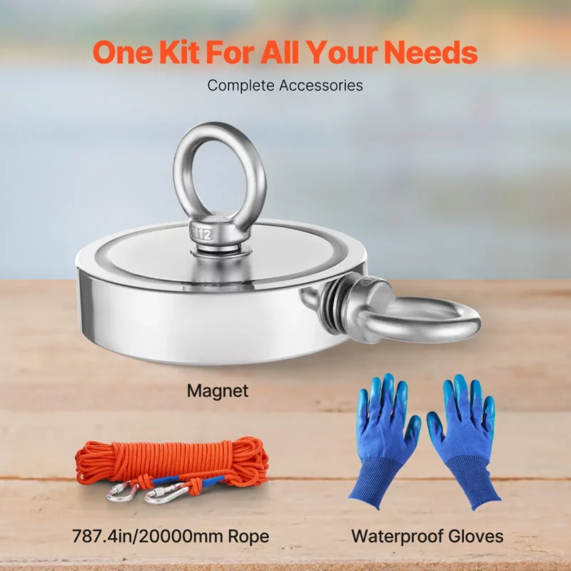 2000 LBS Strong Fishing Magnet Kit Double Sided Pull Force and Rope Carabiner - Image 2