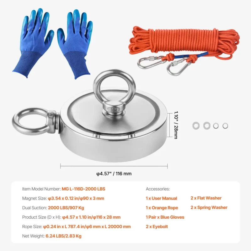 2000 LBS Strong Fishing Magnet Kit Double Sided Pull Force and Rope Carabiner - Image 6