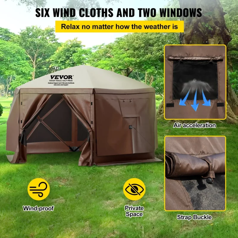 Camping Gazebo Screen Tent, 12*12ft, 6 Sided Pop-up Canopy Shelter Tent with Mesh Windows, Portable Carry Bag, Stakes, Large Shade Tents for Outdoor Camping, Lawn and Backyard, Brown/Beige - Image 42