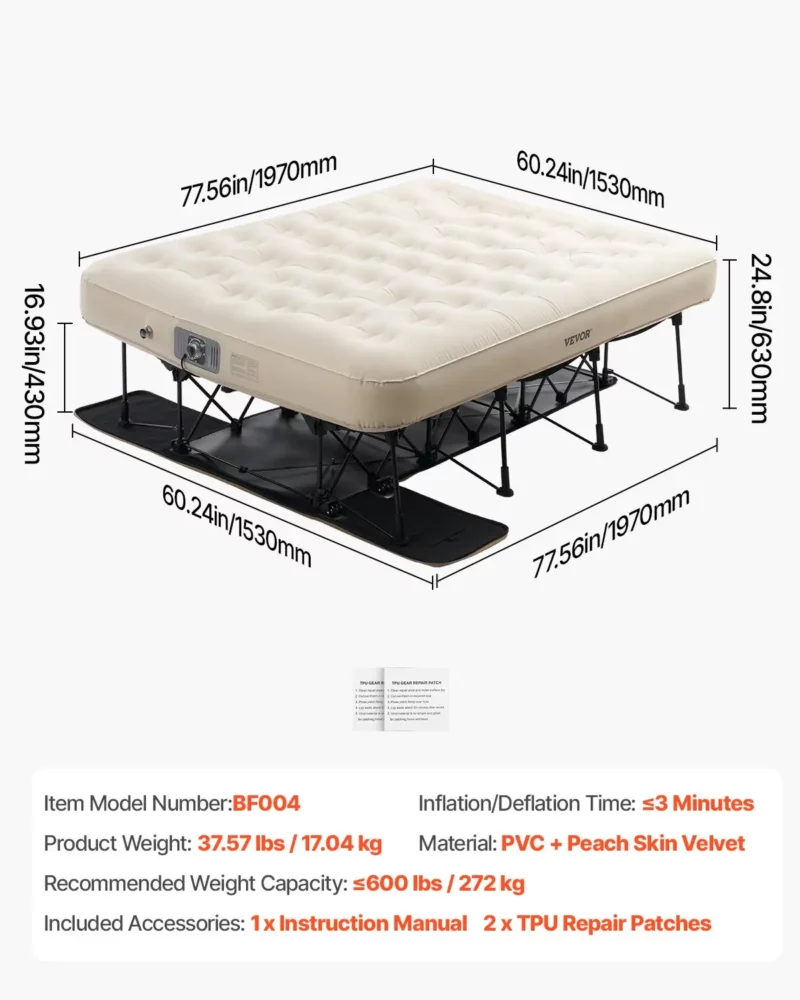 Air Mattress with Frame, Inflatable 2 Person Camping Cot with Built-in Pump, Portable Folding Air Beds Supports 600 lbs, Blow Up Anywhere Bed for Guests Camping Travel Indoor & Outdoor Use - Image 6