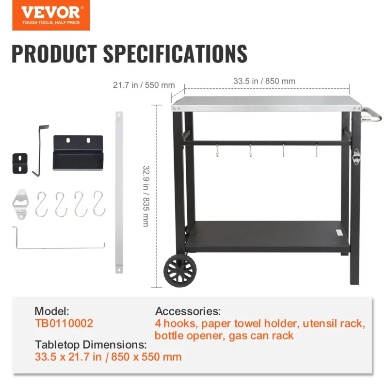 Outdoor Grill Dining Cart with Double-Shelf, BBQ Movable Food Prep Table, Multifunctional Stainless Steel Table Top, Portable Modular Carts for Pizza Oven, Worktable with 2 Wheels, Carry Handle - Image 6