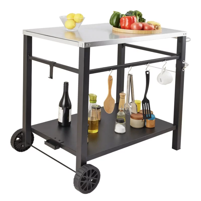 Outdoor Grill Dining Cart with Double-Shelf, BBQ Movable Food Prep Table, Multifunctional Stainless Steel Table Top, Portable Modular Carts for Pizza Oven, Worktable with 2 Wheels, Carry Handle - Image 9
