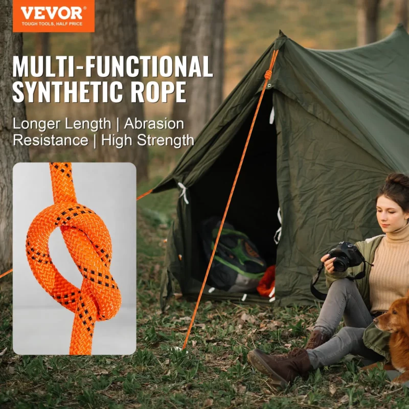 Double Braided Polyester Rope, 3/4 in x 220 ft, 24 Strands, 20000 LBS Breaking Strength Outdoor Rope, Arborist Rigging Rope for Rock Hiking Camping Swing Rappelling Rescue, Orange/Black - Image 11