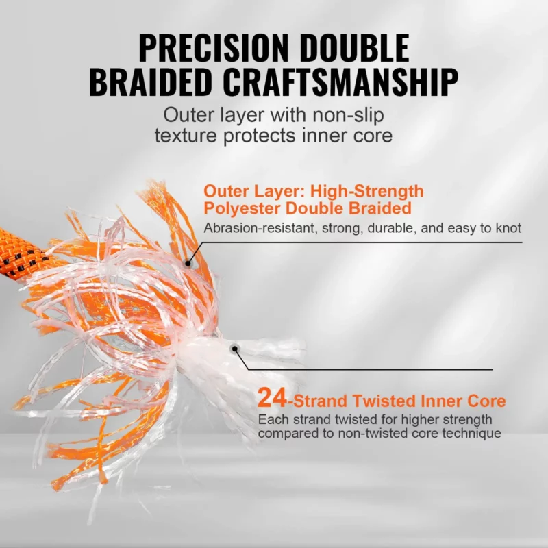 Double Braided Polyester Rope, 3/4 in x 220 ft, 24 Strands, 20000 LBS Breaking Strength Outdoor Rope, Arborist Rigging Rope for Rock Hiking Camping Swing Rappelling Rescue, Orange/Black - Image 12