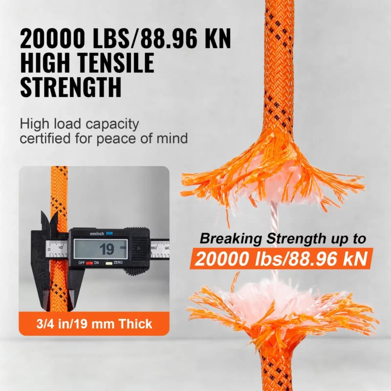 Double Braided Polyester Rope, 3/4 in x 220 ft, 24 Strands, 20000 LBS Breaking Strength Outdoor Rope, Arborist Rigging Rope for Rock Hiking Camping Swing Rappelling Rescue, Orange/Black - Image 14