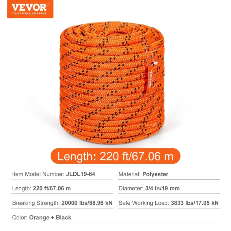 Double Braided Polyester Rope, 3/4 in x 220 ft, 24 Strands, 20000 LBS Breaking Strength Outdoor Rope, Arborist Rigging Rope for Rock Hiking Camping Swing Rappelling Rescue, Orange/Black - Image 16