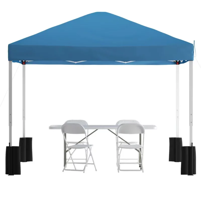 Tent Set-10'x10' Wheeled Blue Canopy Tent, 6-Foot Table, 4 White Folding Chairs