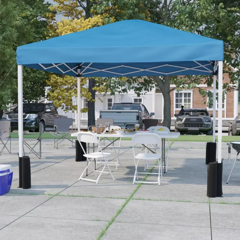 Tent Set-10'x10' Wheeled Blue Canopy Tent, 6-Foot Table, 4 White Folding Chairs - Image 2