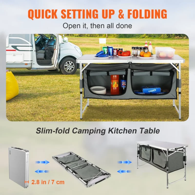Camping Kitchen Table, Quick set-up Folding Camping Table, 3 Adjustable Heights, MDF Camping Table, Ideal for Outdoor Picnics, BBQs, Camping, RV Traveling - Image 3