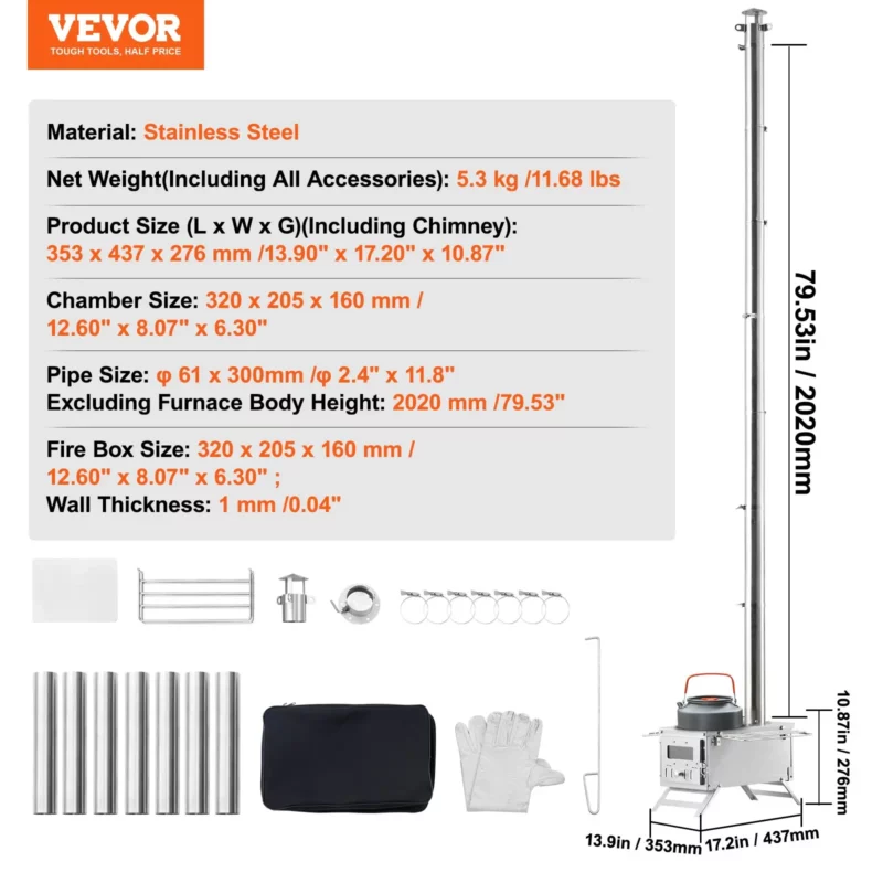 Wood Stove, 80 inch, Stainless Steel Camping Tent Stove, Portable Wood Burning Stove with Chimney Pipes & Gloves, 700inFirebox Hot Tent Stove for Outdoor Cooking and Heating with 8 Pipes - Image 6
