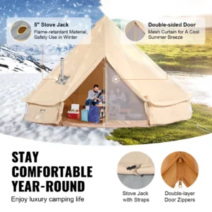 Canvas Bell Tent, 4 Seasons 6 m/19.68 ft Yurt Tent, Canvas Tent for Camping with Stove Jack, Breathable Tent Holds up to 10 People, Family Camping Outdoor Hunting Party