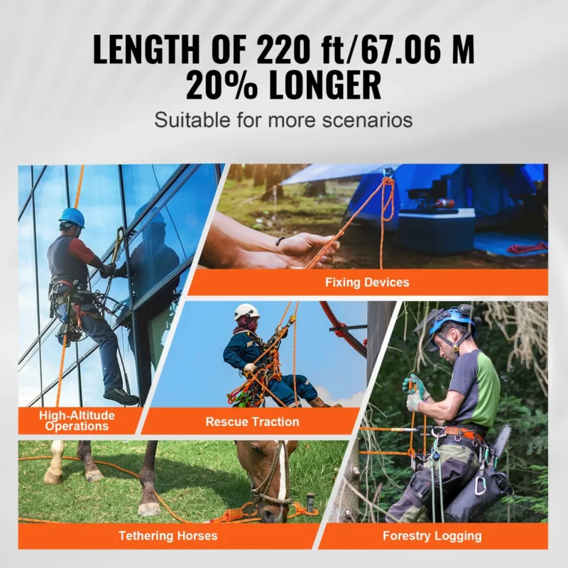 Double Braided Polyester Rope, 1/2 in x 220 ft, 48 Strands, 8000 LBS Breaking Strength Outdoor Climbing Rope, Arborist Rigging Rope for Rock Hiking Camping Swing Rappelling Rescue, Orange/Black - Image 3