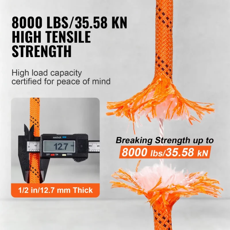 Double Braided Polyester Rope, 1/2 in x 220 ft, 48 Strands, 8000 LBS Breaking Strength Outdoor Climbing Rope, Arborist Rigging Rope for Rock Hiking Camping Swing Rappelling Rescue, Orange/Black - Image 4