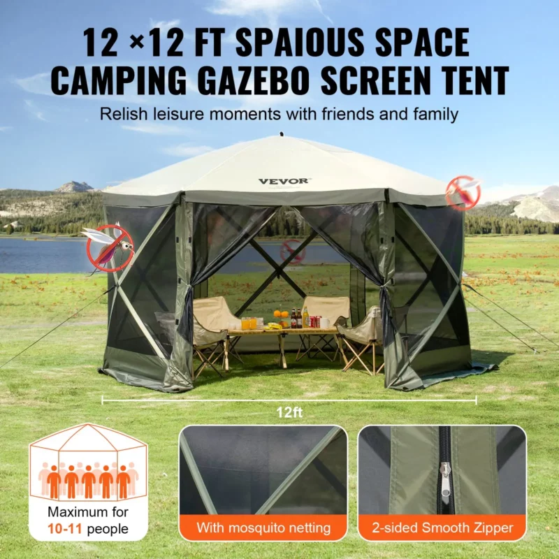 Pop Up Gazebo Tent, Pop-Up Screen Tent 6 Sided Canopy Sun Shelter with 6 Removable Privacy Wind Cloths & Mesh Windows, 12x12FT Quick Set Screen Tent with Mosquito Netting, Army Green - Image 5