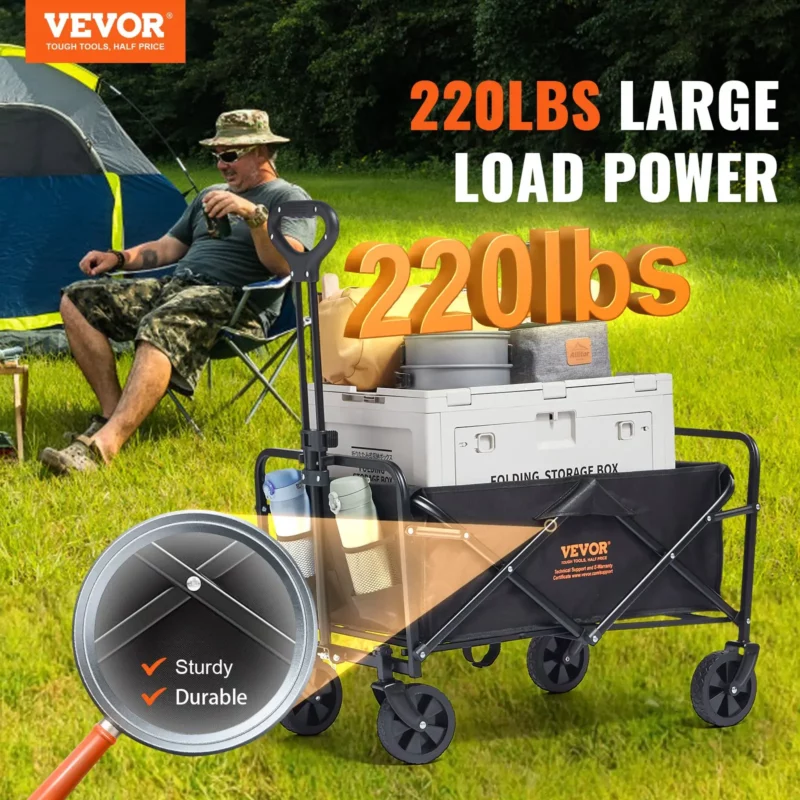 Collapsible Folding Wagon, 2 cu.ft Beach Wagon Cart with All-Terrain 5in Wheels, Heavy Duty Folding Wagon Cart 220 lbs Weight Capacity with Drink Holders, Sports Wagon for Camping, Shopping, Gar - Image 11