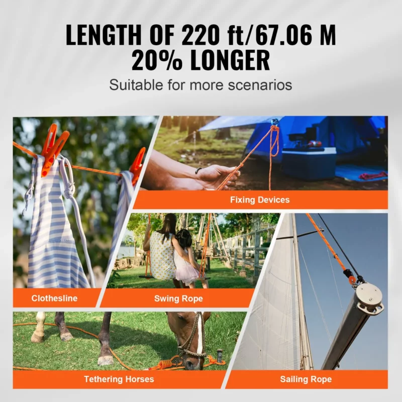 Double Braided Polyester Rope, 1/2 in x 220 ft, 48 Strands, 8000 LBS Breaking Strength Outdoor Climbing Rope, Arborist Rigging Rope for Rock Hiking Camping Swing Rappelling Rescue, Orange/Black - Image 13