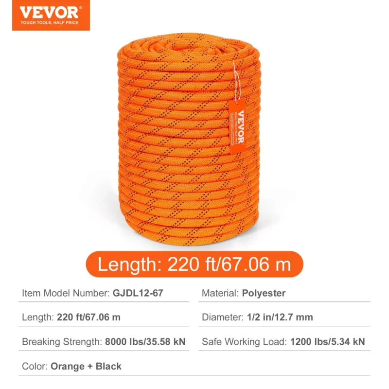 Double Braided Polyester Rope, 1/2 in x 220 ft, 48 Strands, 8000 LBS Breaking Strength Outdoor Climbing Rope, Arborist Rigging Rope for Rock Hiking Camping Swing Rappelling Rescue, Orange/Black - Image 16