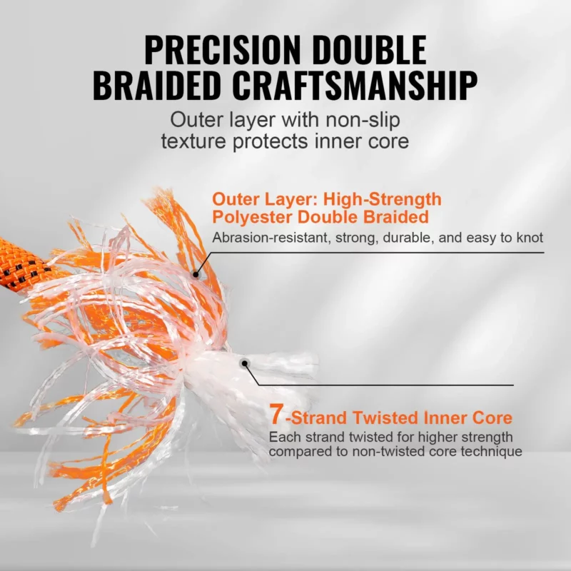 Double Braided Polyester Rope, 1/2 in x 120 ft, 48 Strands, 8000 LBS Breaking Strength Outdoor Climbing Rope, Arborist Rigging Rope for Rock Hiking Camping Swing Rappelling Rescue, Orange/Black - Image 12