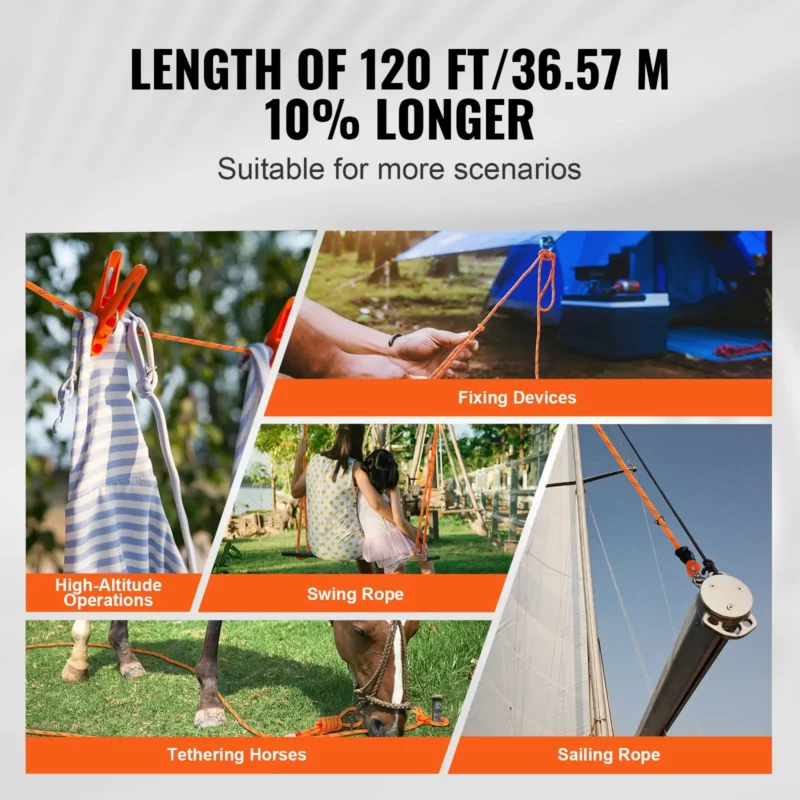 Double Braided Polyester Rope, 1/2 in x 120 ft, 48 Strands, 8000 LBS Breaking Strength Outdoor Climbing Rope, Arborist Rigging Rope for Rock Hiking Camping Swing Rappelling Rescue, Orange/Black - Image 13