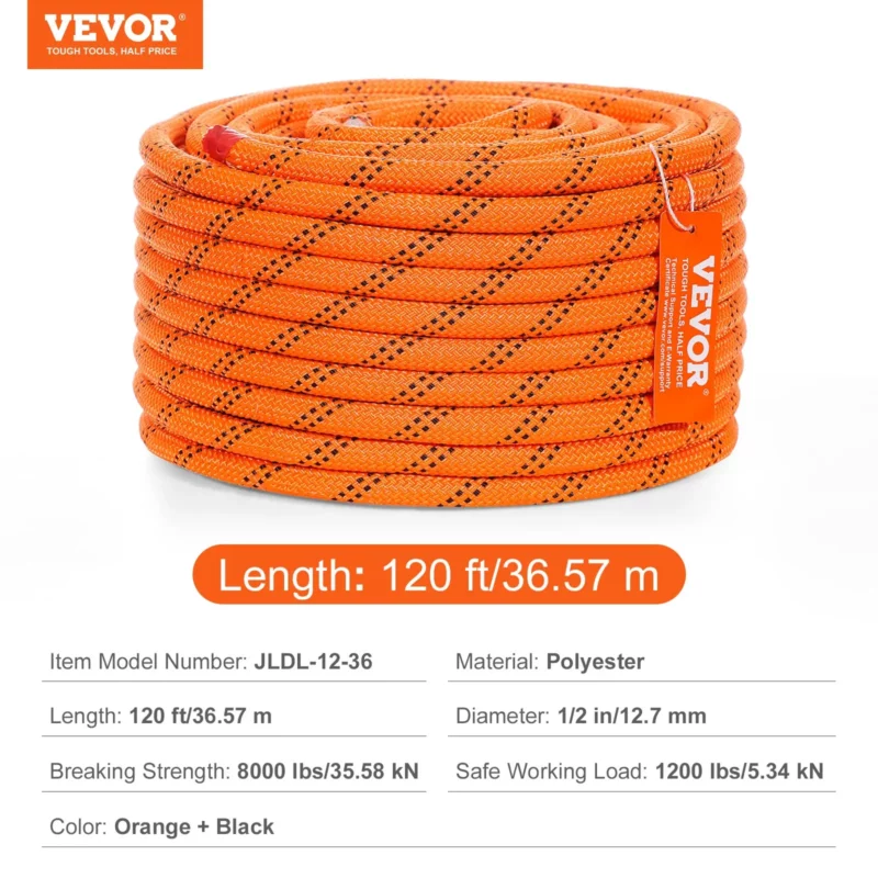 Double Braided Polyester Rope, 1/2 in x 120 ft, 48 Strands, 8000 LBS Breaking Strength Outdoor Climbing Rope, Arborist Rigging Rope for Rock Hiking Camping Swing Rappelling Rescue, Orange/Black - Image 16