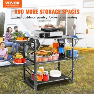Camping Kitchen Table, One-piece Folding Portable Cook Station with A Carrying Bag, Aluminum Camping Table 4 Iron Side Tables & 2 Shelves, Ideal for Outdoor Picnics, BBQs, Camping, RV Traveling