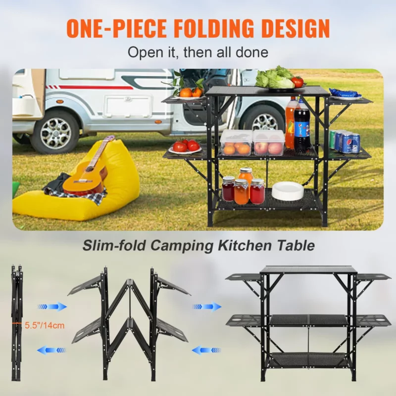 Camping Kitchen Table, One-piece Folding Portable Cook Station with A Carrying Bag, Aluminum Camping Table 4 Iron Side Tables & 2 Shelves, Ideal for Outdoor Picnics, BBQs, Camping, RV Traveling - Image 3