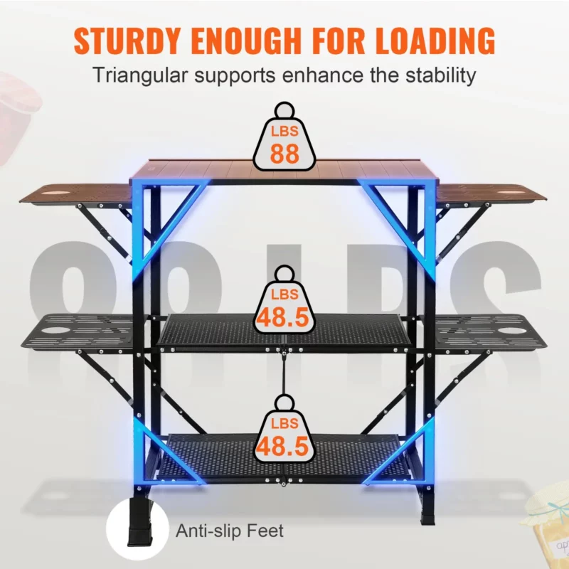 Camping Kitchen Table, One-piece Folding Portable Cook Station with A Carrying Bag, Aluminum Camping Table 4 Iron Side Tables & 2 Shelves, Ideal for Outdoor Picnics, BBQs, Camping, RV Traveling - Image 5