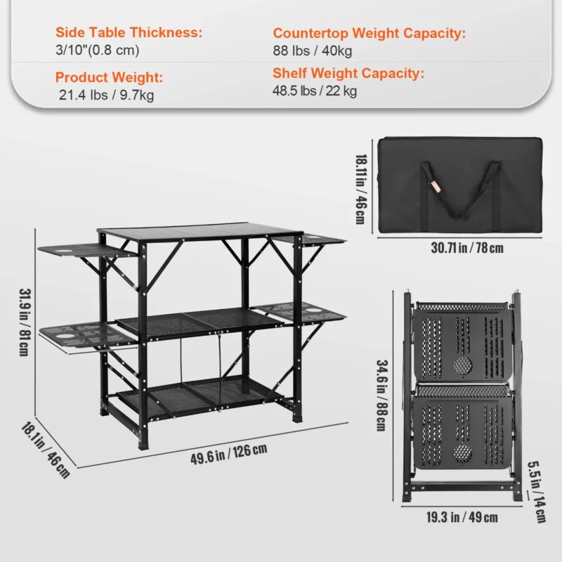 Camping Kitchen Table, One-piece Folding Portable Cook Station with A Carrying Bag, Aluminum Camping Table 4 Iron Side Tables & 2 Shelves, Ideal for Outdoor Picnics, BBQs, Camping, RV Traveling - Image 6