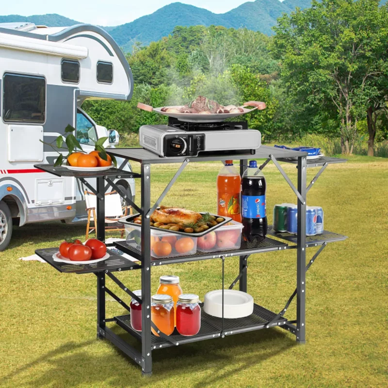 Camping Kitchen Table, One-piece Folding Portable Cook Station with A Carrying Bag, Aluminum Camping Table 4 Iron Side Tables & 2 Shelves, Ideal for Outdoor Picnics, BBQs, Camping, RV Traveling - Image 7