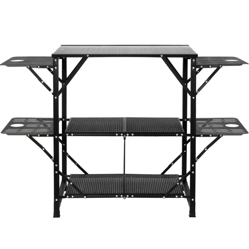 Camping Kitchen Table, One-piece Folding Portable Cook Station with A Carrying Bag, Aluminum Camping Table 4 Iron Side Tables & 2 Shelves, Ideal for Outdoor Picnics, BBQs, Camping, RV Traveling - Image 8