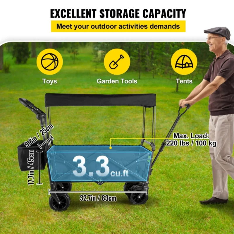 Extra Large Collapsible Garden Cart with Removable Canopy, Folding Wagon Utility Carts with Wheels and Rear Storage, Wagon Cart for Garden, Camping, Grocery Cart, Shopping Cart, Black - Image 2