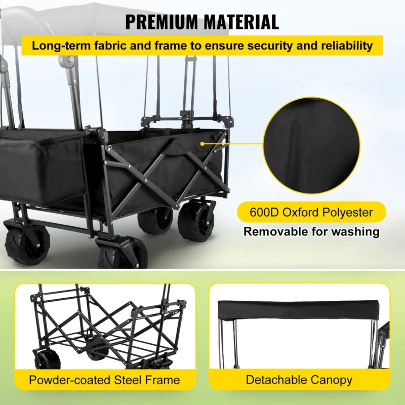 Extra Large Collapsible Garden Cart with Removable Canopy, Folding Wagon Utility Carts with Wheels and Rear Storage, Wagon Cart for Garden, Camping, Grocery Cart, Shopping Cart, Black - Image 3