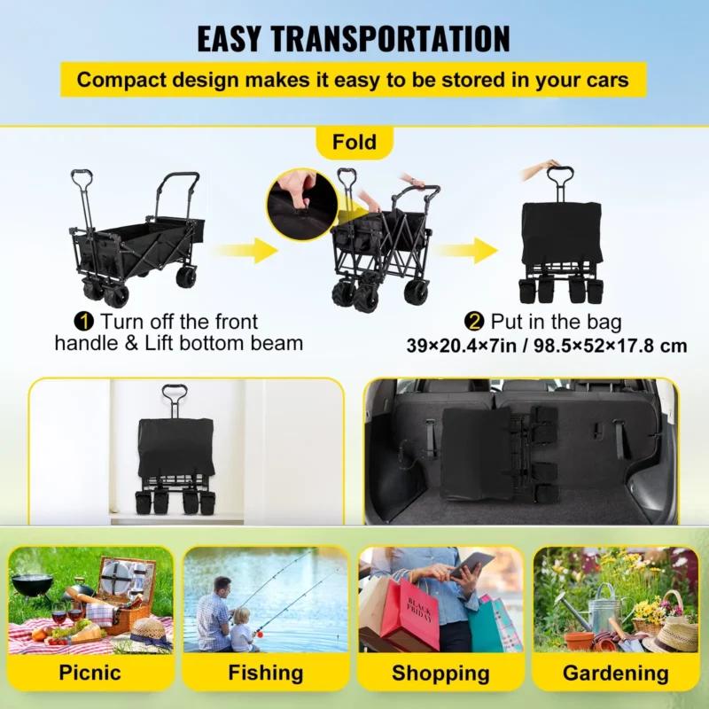 Extra Large Collapsible Garden Cart with Removable Canopy, Folding Wagon Utility Carts with Wheels and Rear Storage, Wagon Cart for Garden, Camping, Grocery Cart, Shopping Cart, Black - Image 4