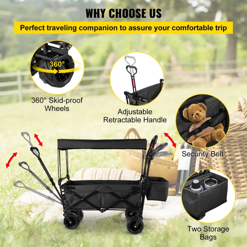 Extra Large Collapsible Garden Cart with Removable Canopy, Folding Wagon Utility Carts with Wheels and Rear Storage, Wagon Cart for Garden, Camping, Grocery Cart, Shopping Cart, Black - Image 5