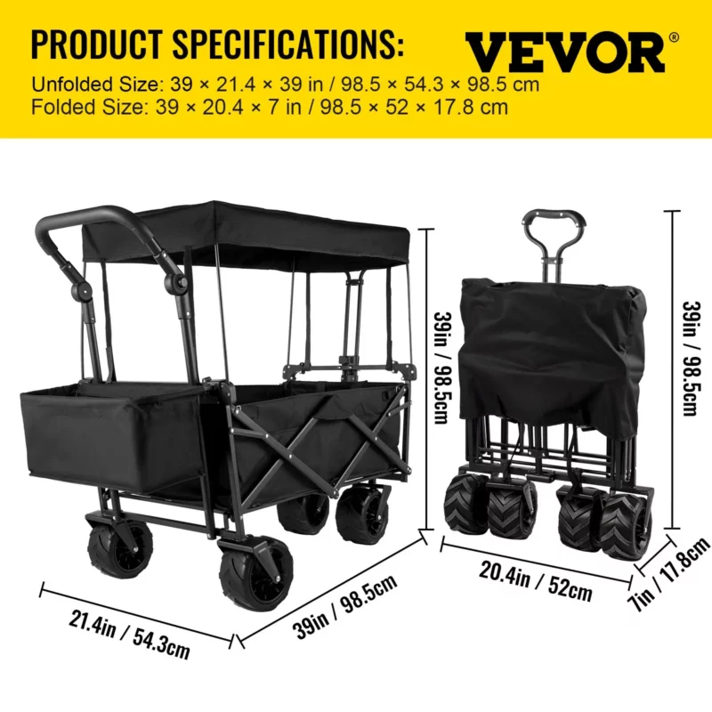 Extra Large Collapsible Garden Cart with Removable Canopy, Folding Wagon Utility Carts with Wheels and Rear Storage, Wagon Cart for Garden, Camping, Grocery Cart, Shopping Cart, Black - Image 6
